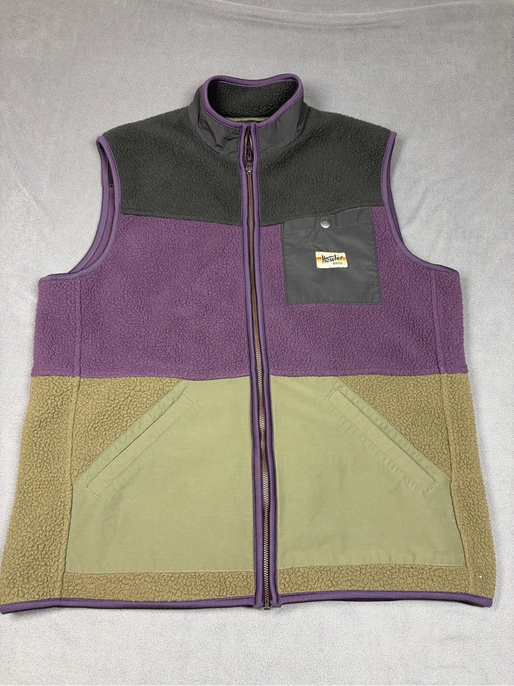 Howler Brothers Colorblock Fleece Vest  Mens Large - Purple/Olive/Charcoal
